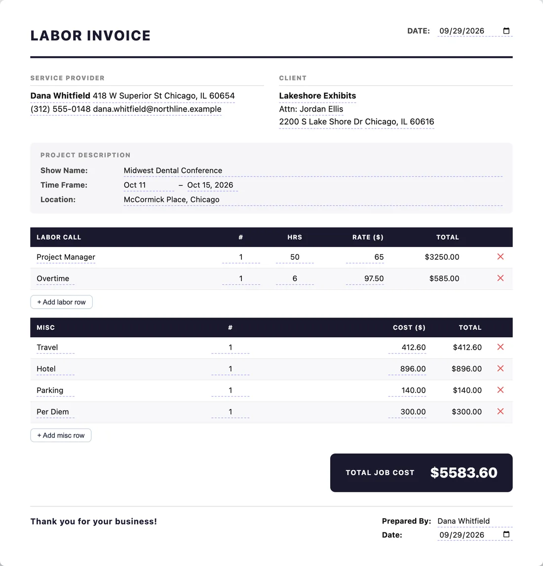 Labor invoice with labor calls, travel, hotel and a total job cost