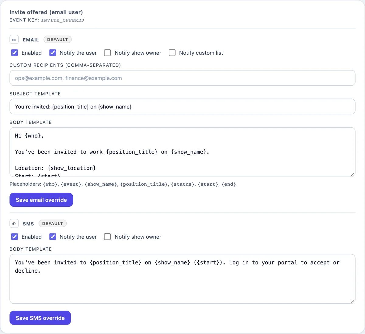 Notification settings for a job offer, with email and text options and editable message templates