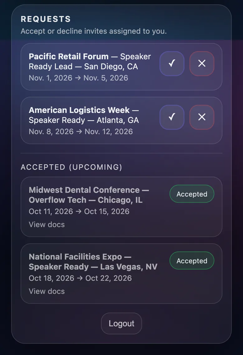 Crew member's pending job offers with accept and decline buttons